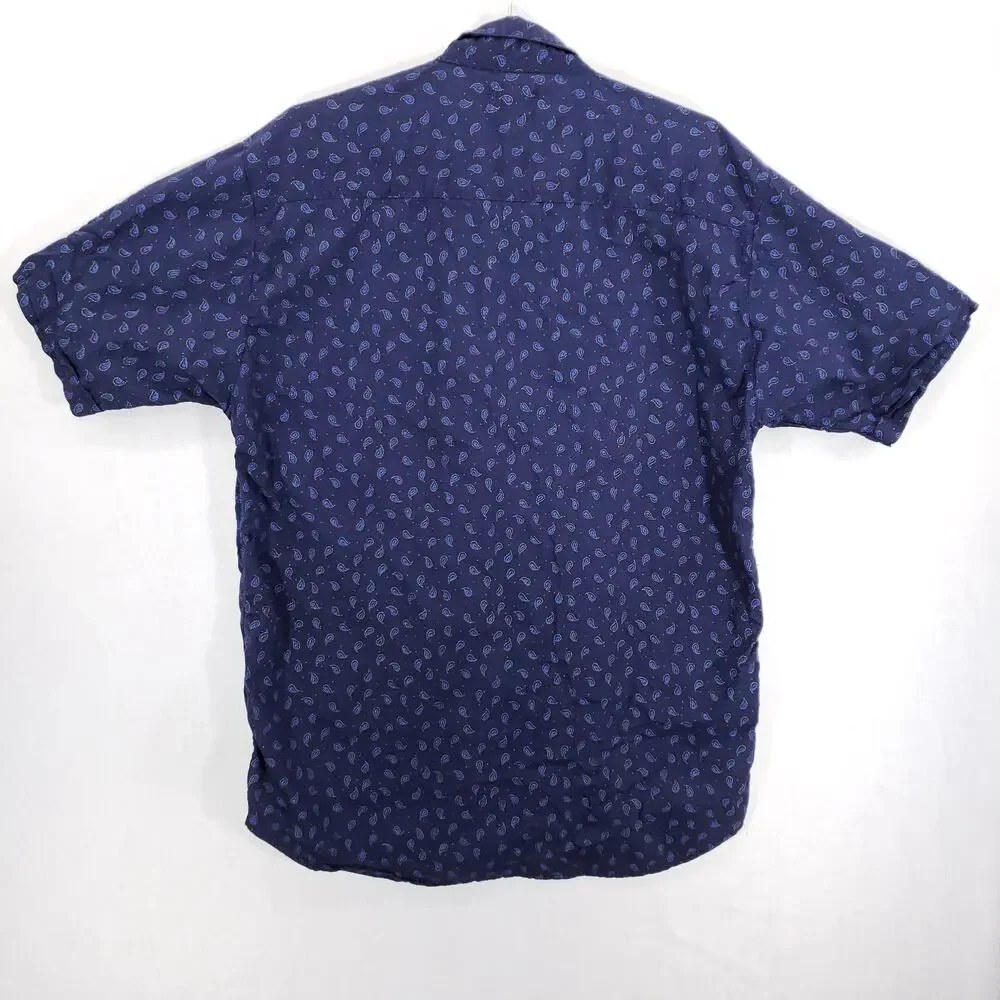 Vintage J Riggings Shirt Mens Large Navy Blue Paisley Short Sleeve‎ Button Down